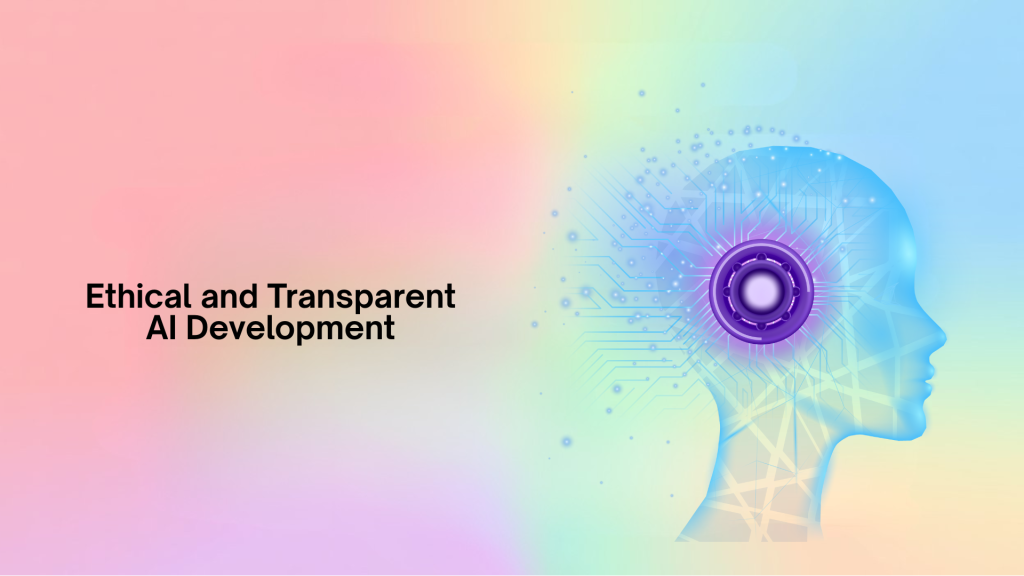 Illustration of ethical AI development with a human silhouette and circuit design on a pastel background.